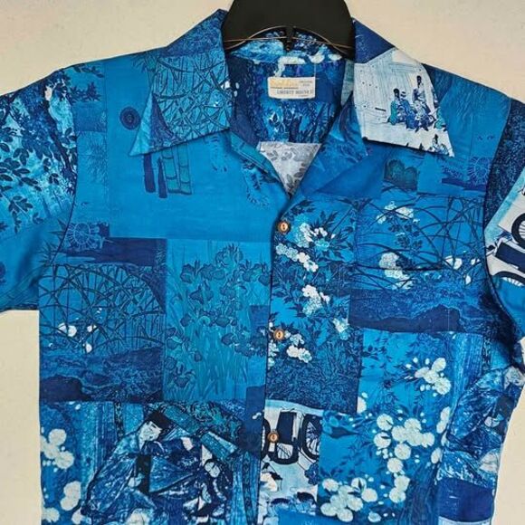 Vintage Surf Line Liberty House Hawaiian Shirt Medium Blue Asian - Picture 1 of 4